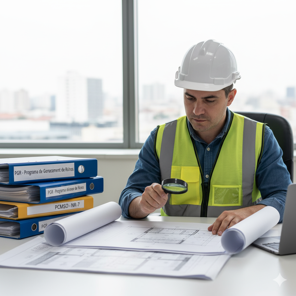 Engenheiro de segurança analisando documentos